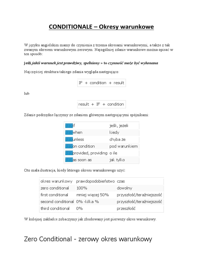 Okresy Warunkowe ćwiczenia Pdf Z Odpowiedziami