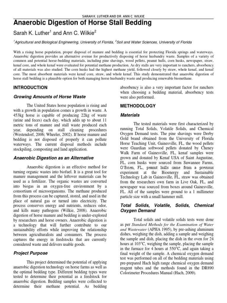 Anaerobic Digestion of Horse Stall Bedding PDF Anaerobic Digestion