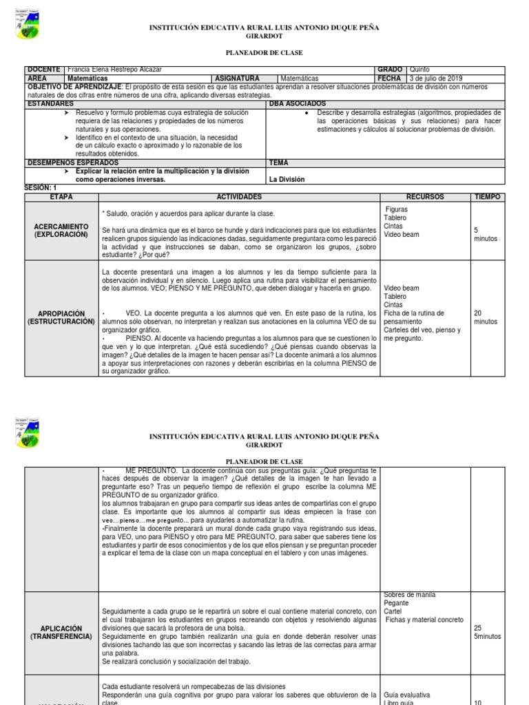 Plan de Clase La Division | PDF | Aprendizaje | Enseñanza de matemática