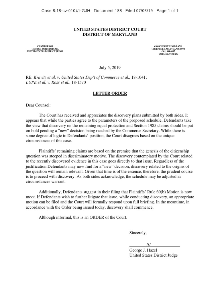 Census - Judge Order 1 - 7.5.2019 | PDF | Discovery (Law) | Government