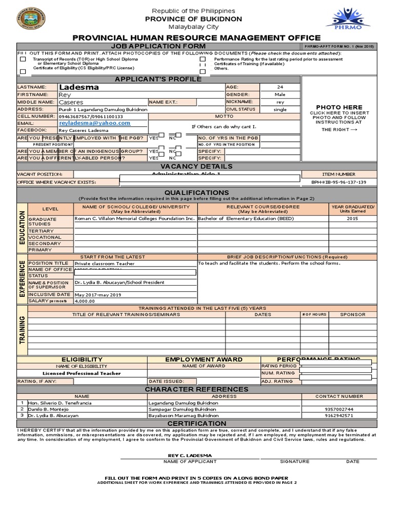 Phrmo Job Application Form 2 | PDF | Educational Stages | Teachers