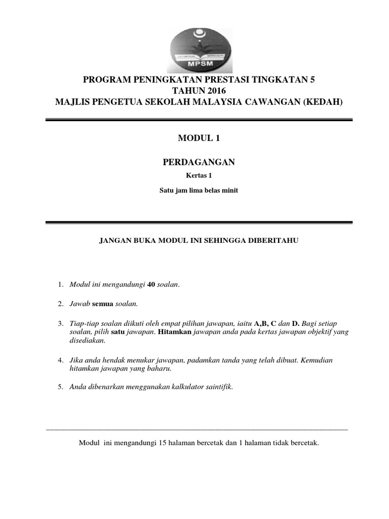 Soalan Modul 1 Kertas 1 Mpsm 2016 Pdf Pdf
