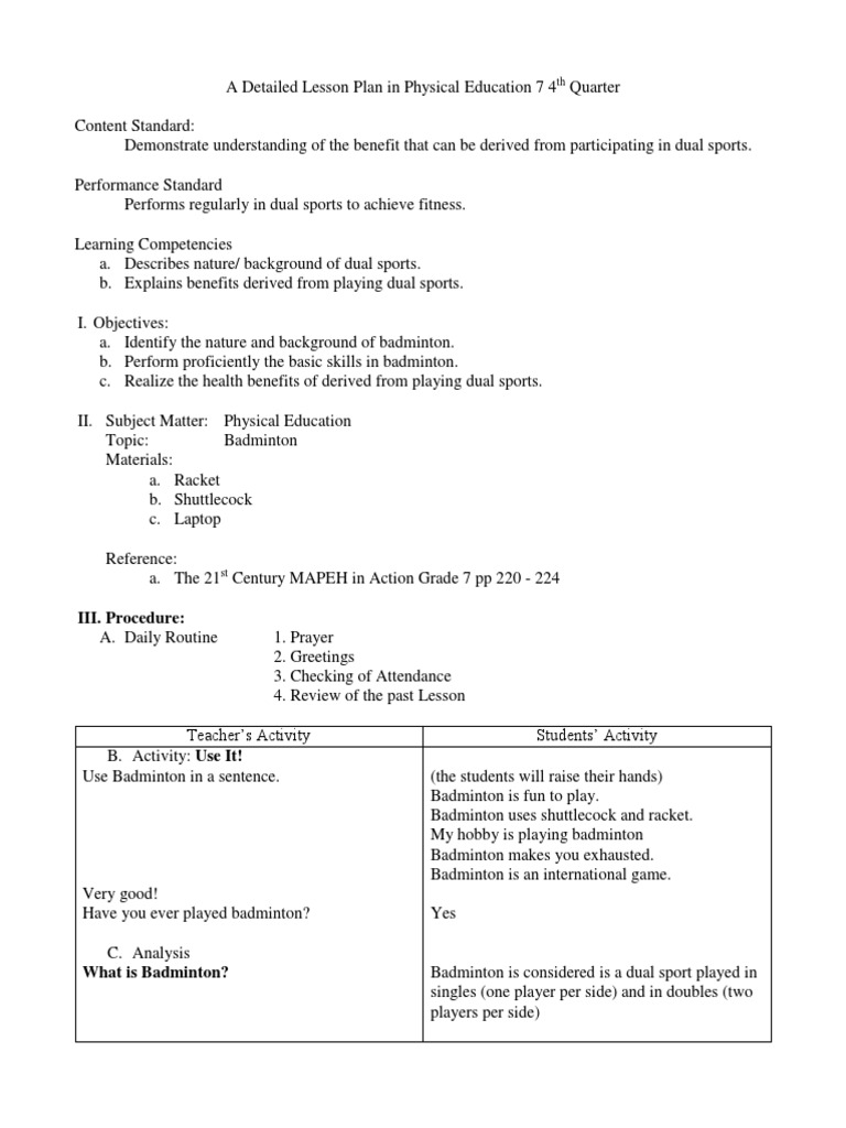A Detailed Lesson Plan Badminton PDF Racquet Sports Athletic Sports