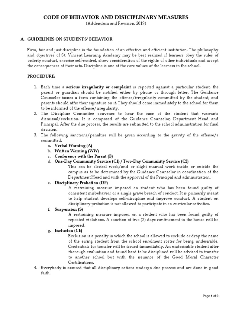 Student Behavior and Discipline Guide | PDF | Crime & Violence | Crime ...