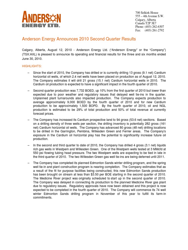 Anderson Energy Announces 2010 Second Quarter Results: Highlights | PDF ...