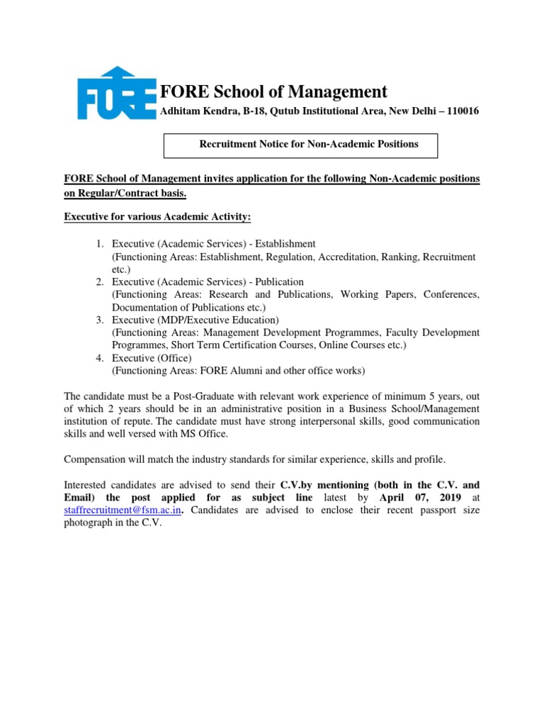 FORE School of Management: Staffrecruitment@fsm - Ac.in | PDF