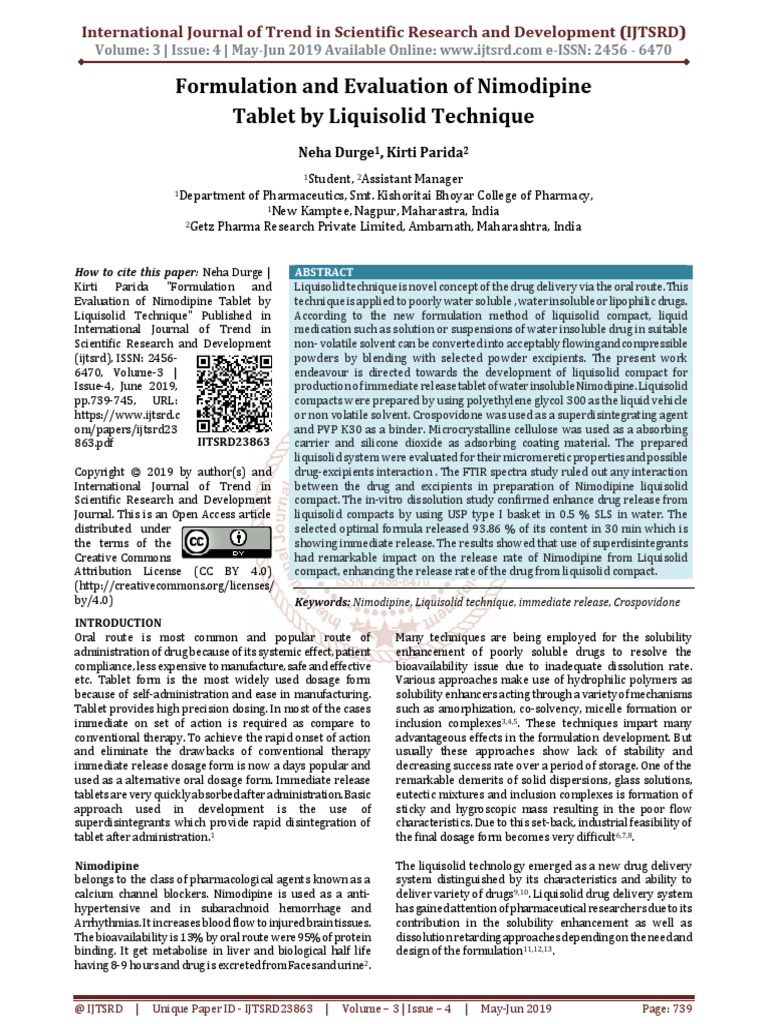 Formulation and Evaluation of Nimodipine Tablet by Liquisolid Technique ...