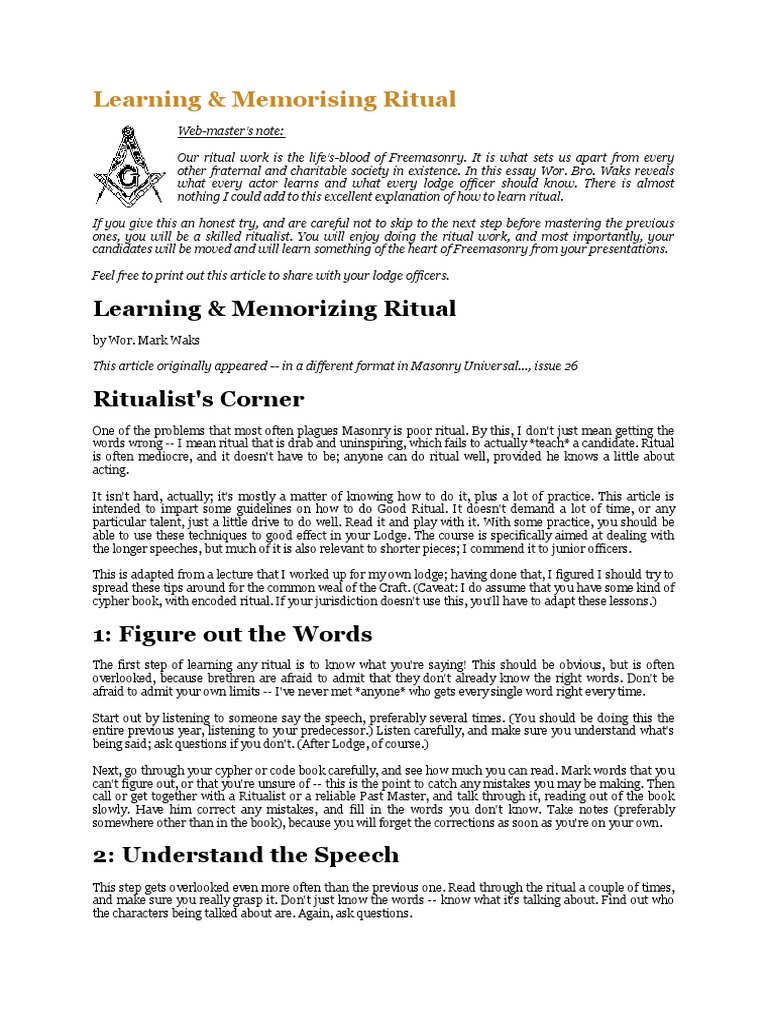 Learning & Memorising Ritual | PDF | Freemasonry | Thought