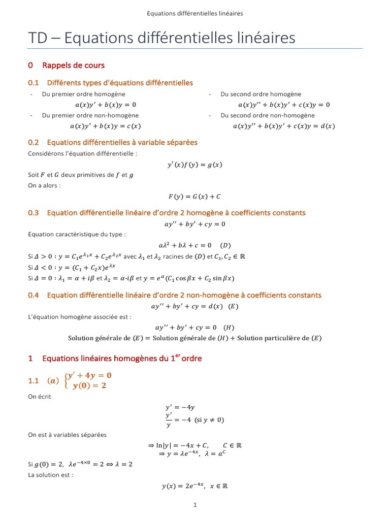 Correction Td Equations Differentielles Lineaires Equations Differentielles Taux