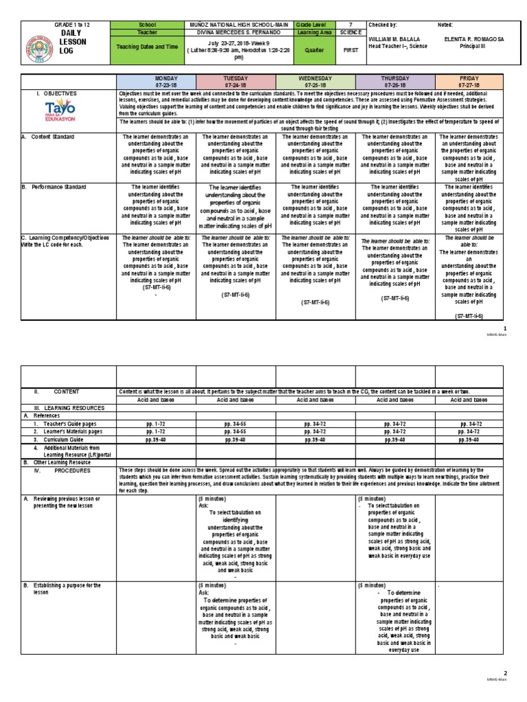 Grade 7 Science Lesson Plan: Acids & Bases | PDF | Ph | Learning