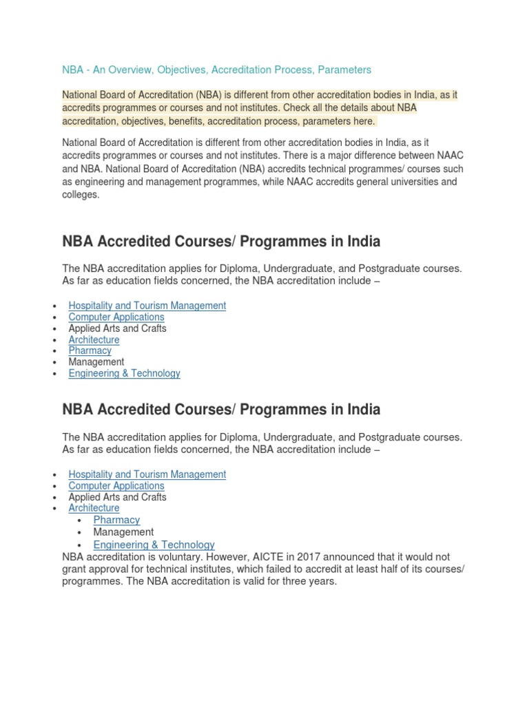 NBA Accredited Courses/ Programmes in India: NBA - An Overview ...