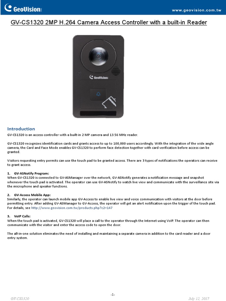 GVCS1320 2MP H.264 Camera Access Controller With A BuiltIn Reader