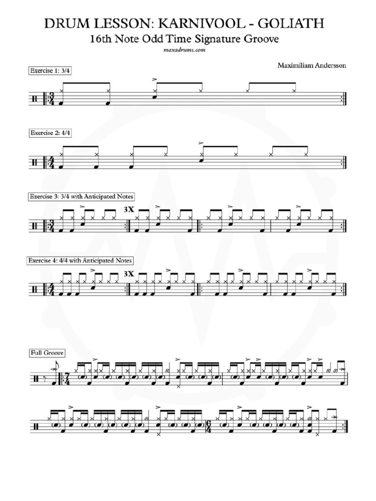 Maxadrums Karnivool Goliath Drum Lesson 16th Note Odd Time
