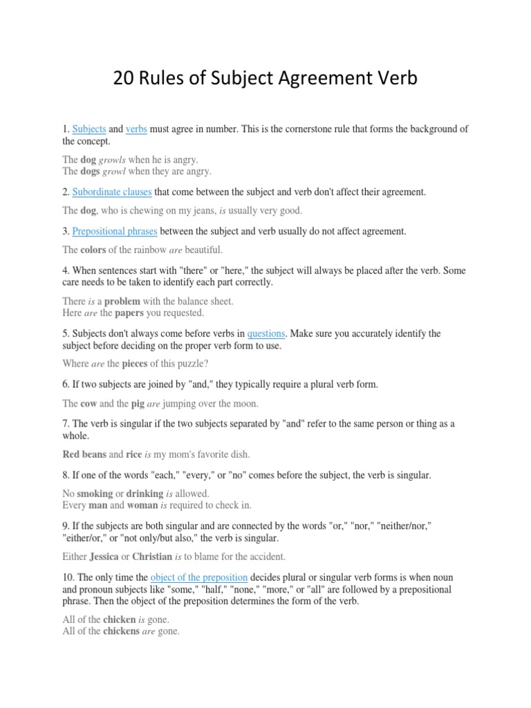 20 Rules of Subject-Verb Agreement | PDF | Grammatical Number | Subject ...