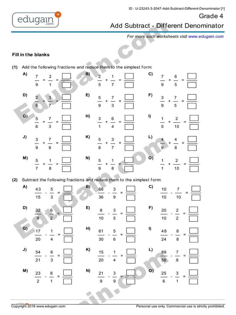 Grade 4 Add Subtract - Different Denominator: Fill in The Blanks | PDF ...