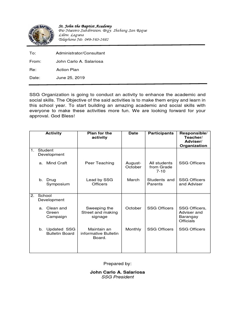 SSG Activity Plan for Ibabang San Roque | PDF
