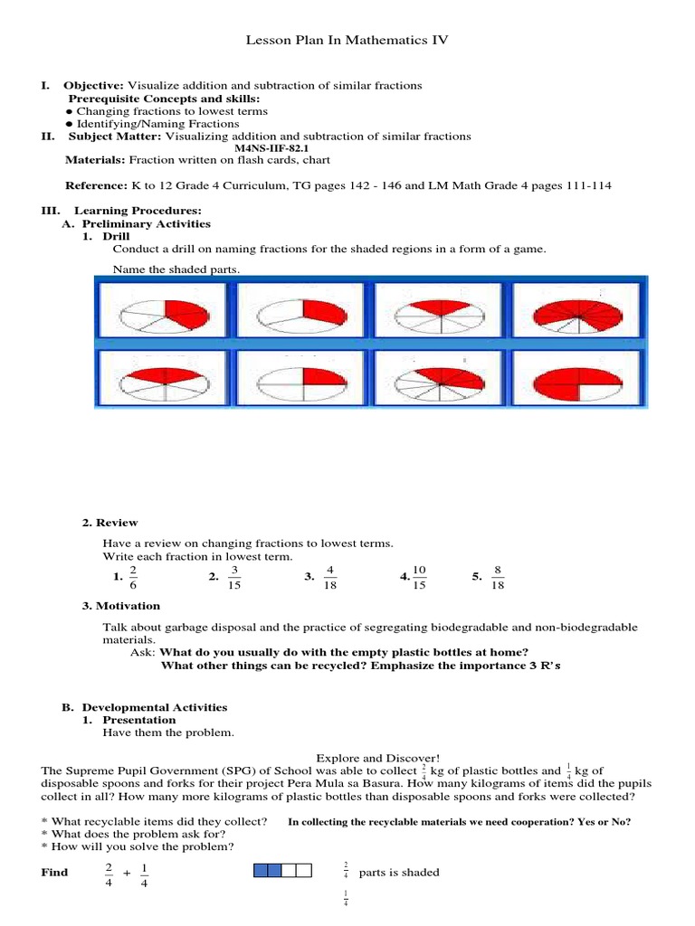 COT Math Lesson Plan Fraction (Mathematics) Subtraction