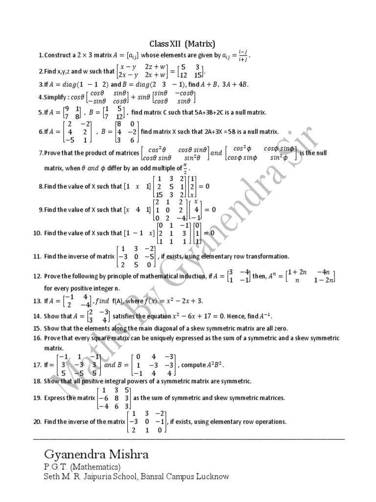 Gyanendra Mishra: Class XII (Matrix) | PDF | Matrix (Mathematics ...