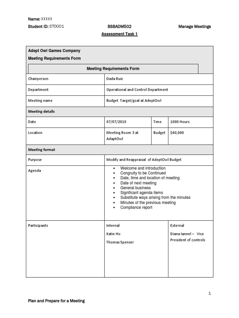 Meeting Requirements Form BSBADM502 Business