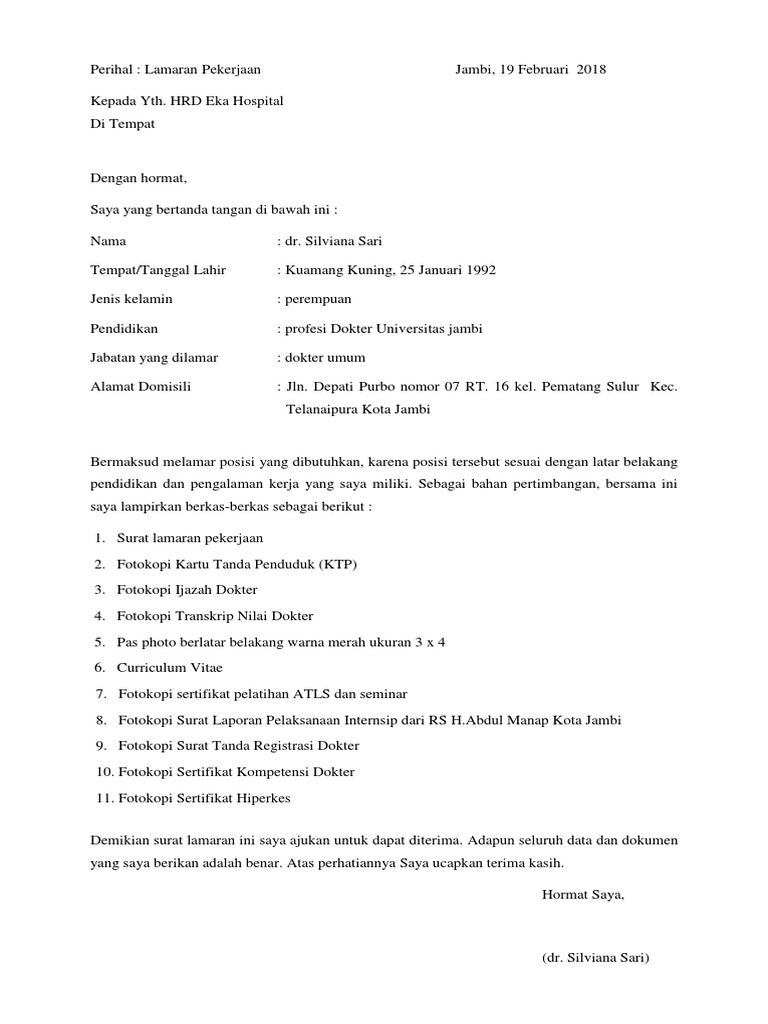 Surat lamaran kerja dokter di Eka Hospital