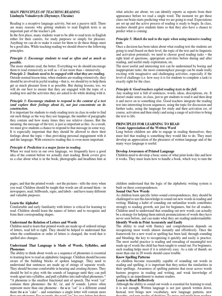Principles of Teaching Reading Skills | PDF | Spelling | Phoneme