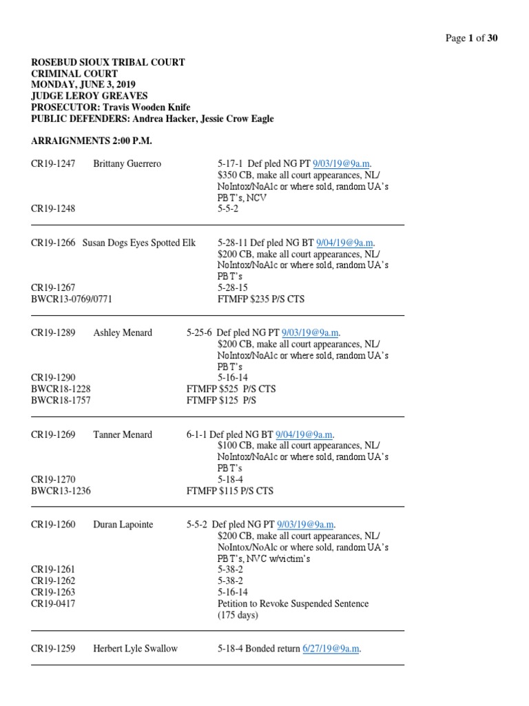 Rosebud Sioux Tribe Criminal Court June 2019Arraignments PDF