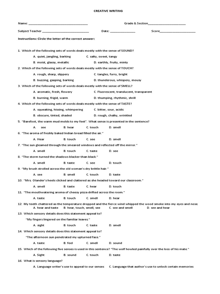 Quiz Creative Writing | PDF | Taste | Senses