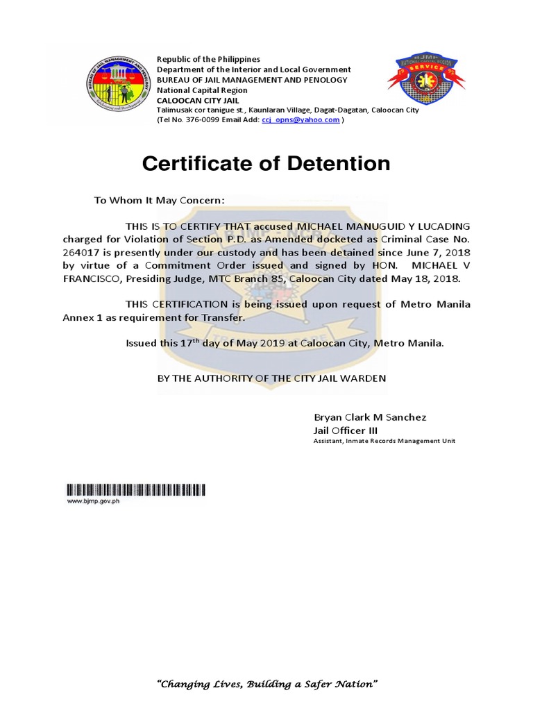 Michael Manuguid y Lucading Certificate of Detention PDF