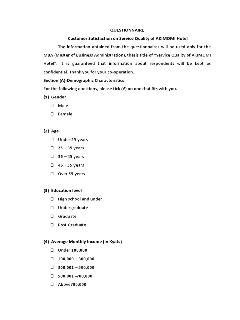 Questionnaire Service Quality PDF Security Alarm Business