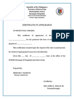 Certificate of Appearance: Republic of The Philippines Province of Nueva Ecija Municipality of Jaen Barangay Dampulan