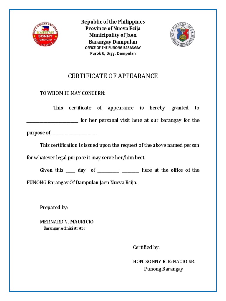 Certificate of Appearance  PDF In Certificate Of Appearance Template