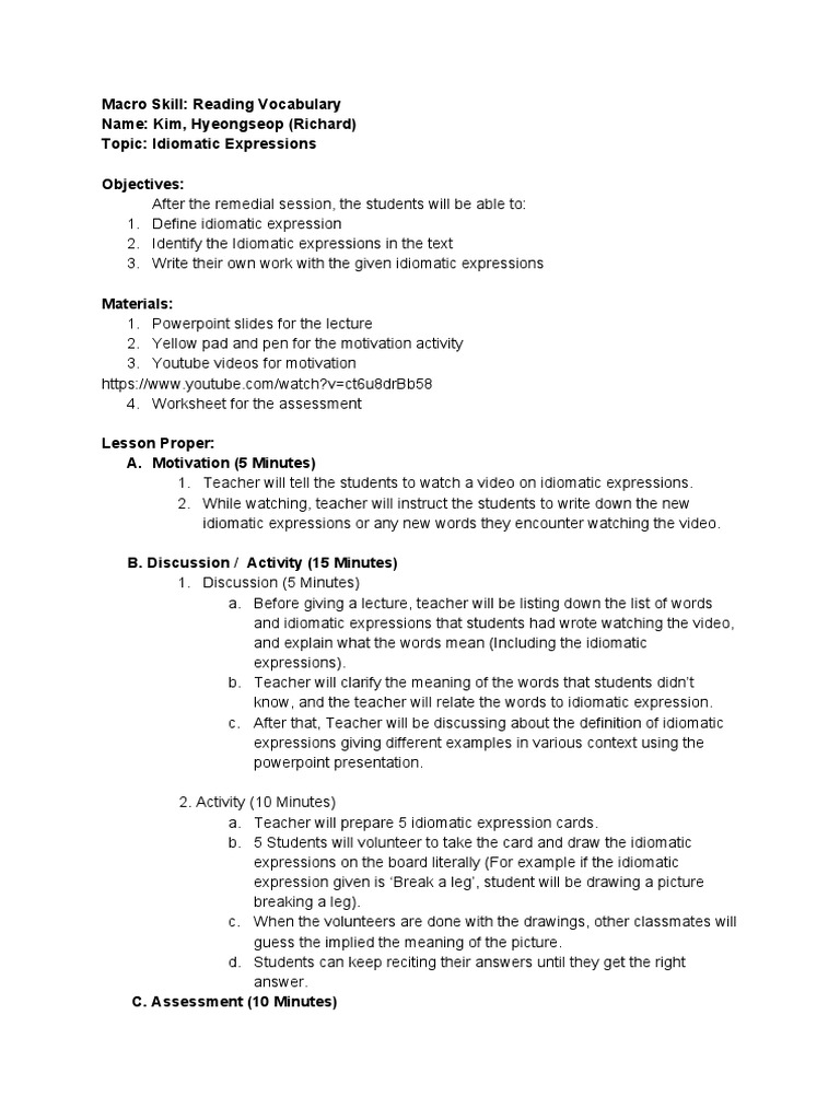 Grade 7 Lesson Plan: Idiomatic Expressions | PDF | Idiom | Multiple Choice