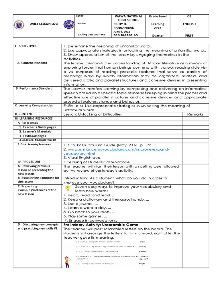 Grade 8 June 4 Unlocking Of Difficulties Pdf Learning Teachers