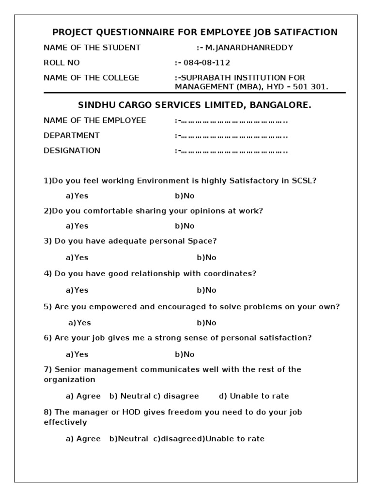 Employee Job Satisfaction Questionnaire | PDF | Psychology ...