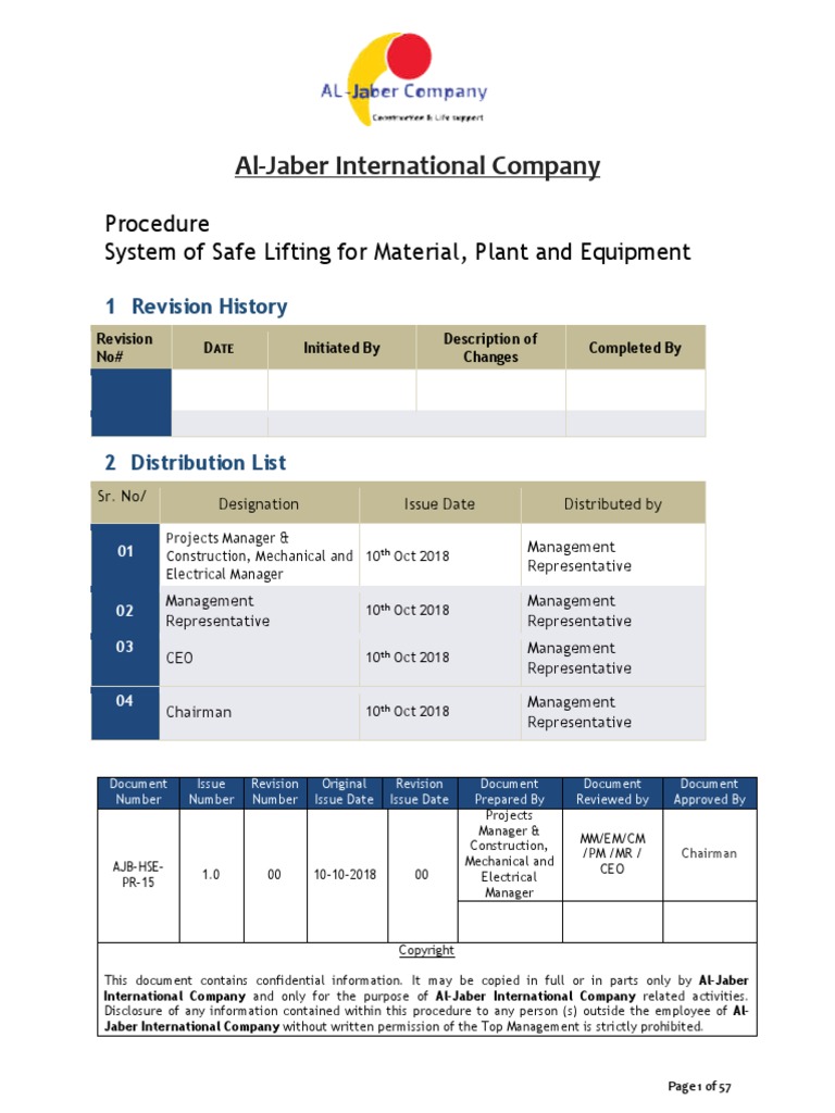 Procedure System Of Safe Lifting For Material Plant And Equipment