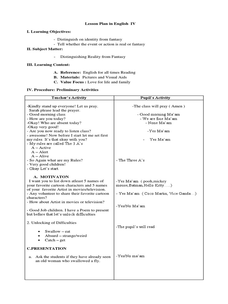 Lesson Plan: Reality vs. Fantasy in English | PDF | Language Arts ...