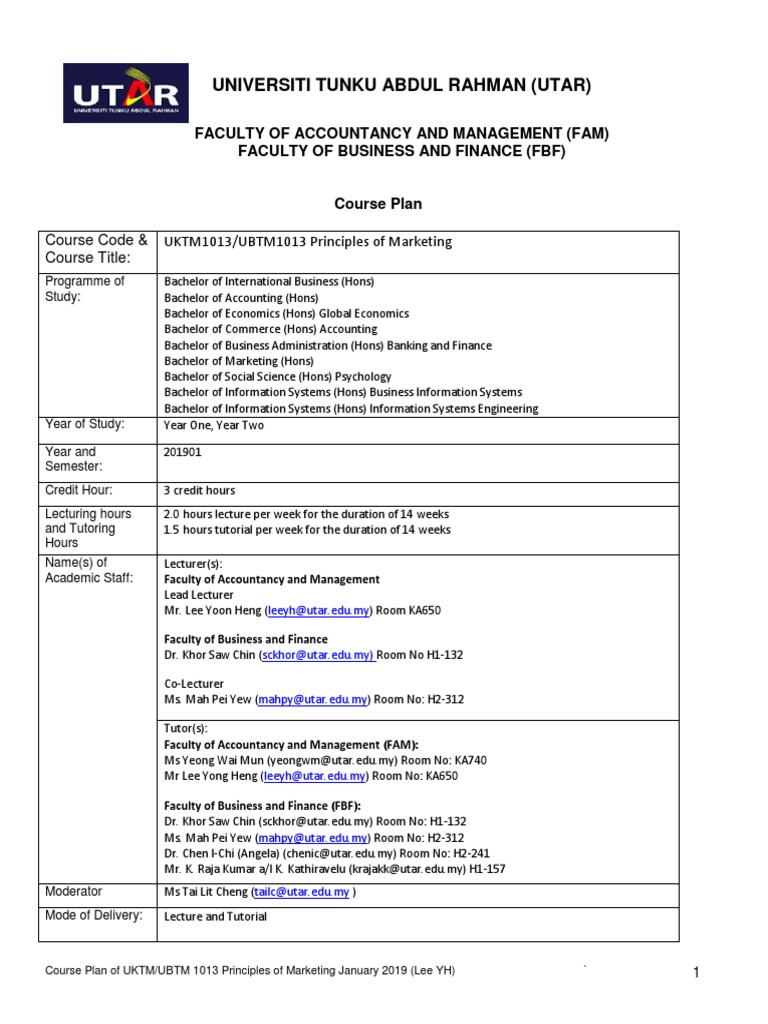 UBTM UKTM1013 Course Plan Jan 2019 FBF PDF | PDF | Test (Assessment ...