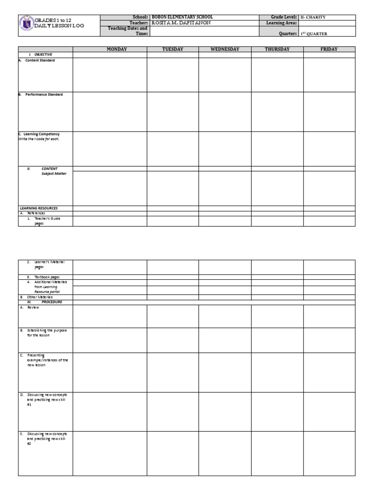 Daily Lesson Log for Grade II Charity | PDF