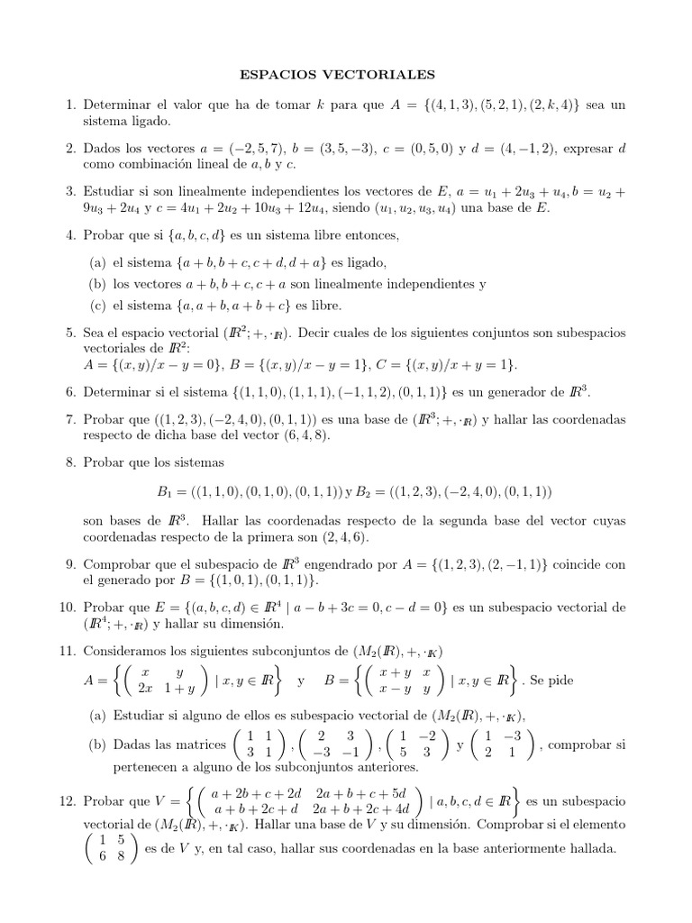 Ejercicios de Espacios Vectoriales | PDF | Espacio vectorial | Base ...