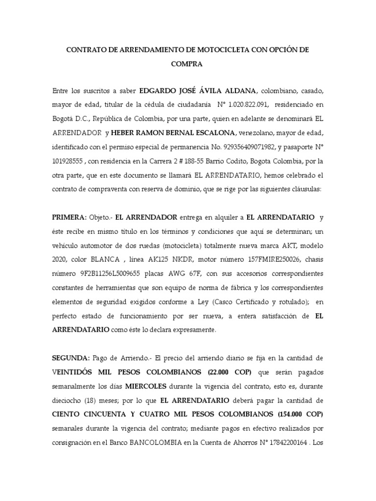 Contrato Arrendamiento Motocicleta MOTO Alquiler Placa