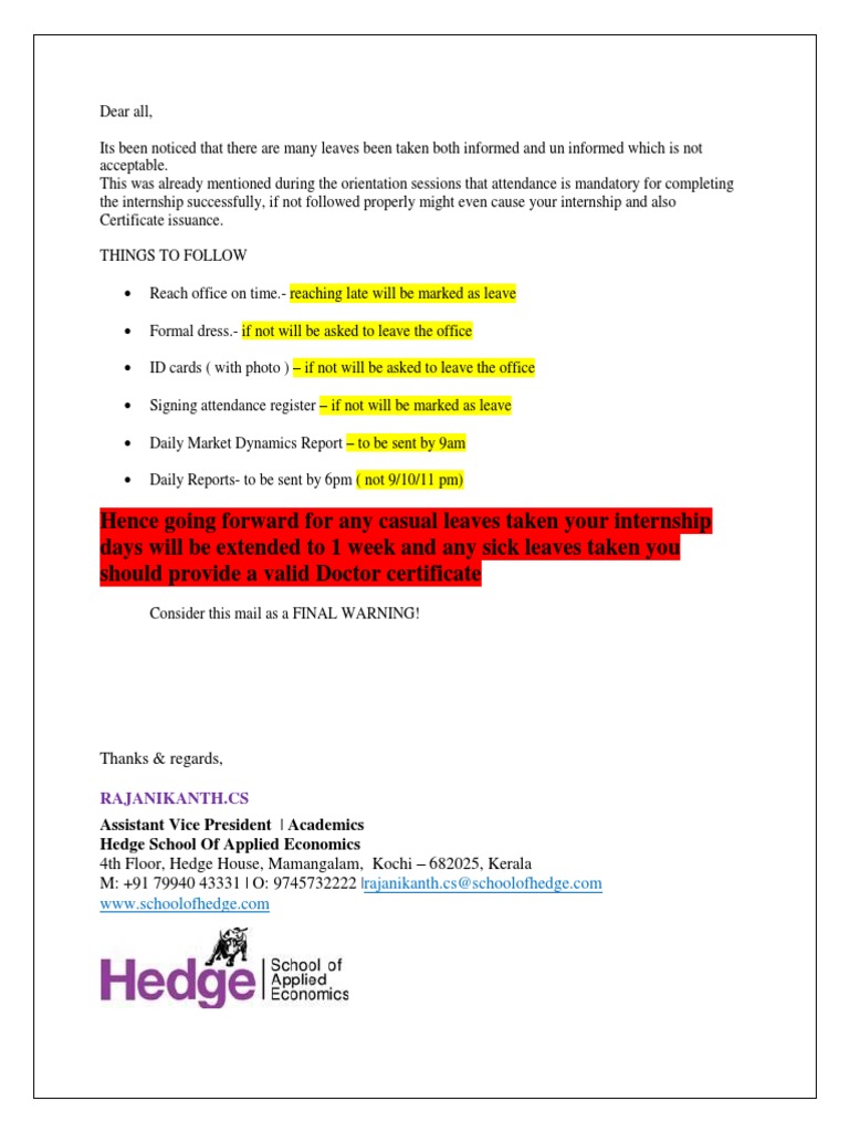 Internship Attendance Policy Reminder | PDF