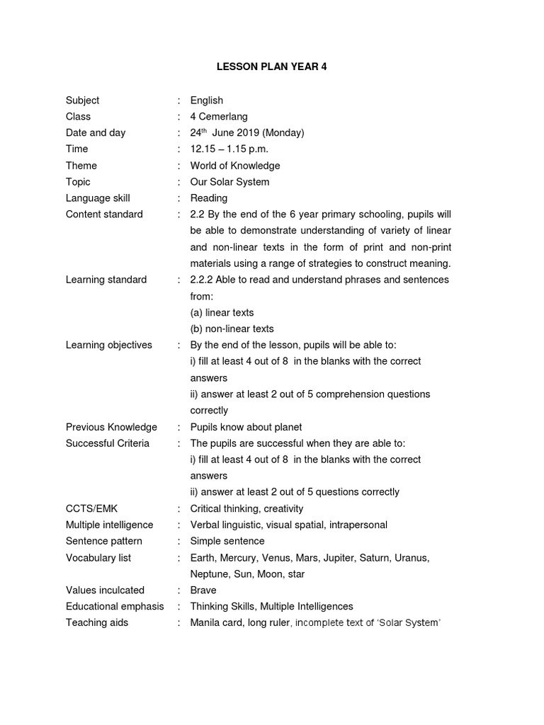 Lesson Plan Year 4 | PDF | Reading Comprehension | Cognition
