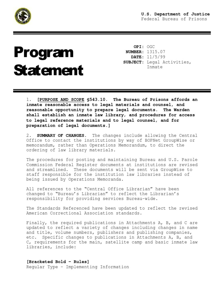 Program Statement | PDF | Paralegal | Federal Register