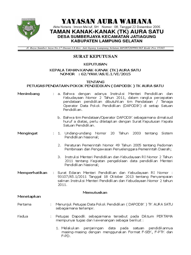 Sk Operator Dapodik Tk Aura Satu