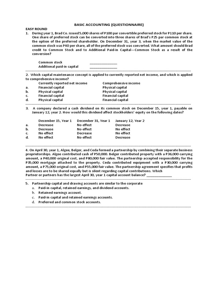 Basic Accounting Questionnaire | PDF | Debits And Credits ...