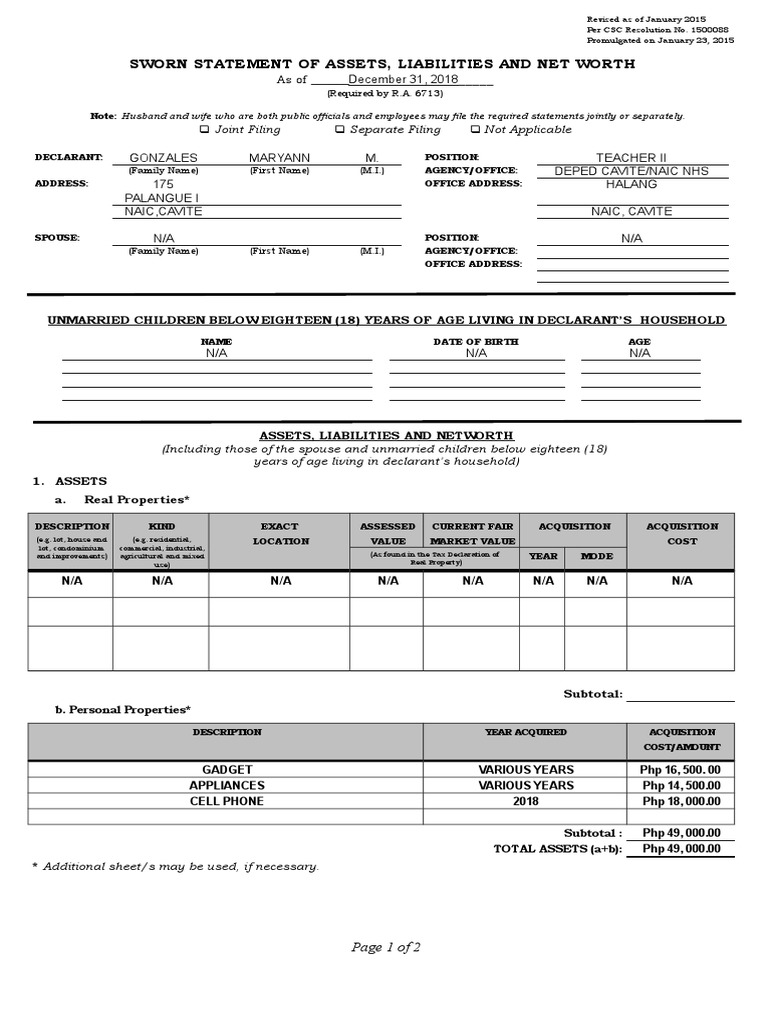 Sworn Statement Of Assets, Liabilities And Net Worth Identity