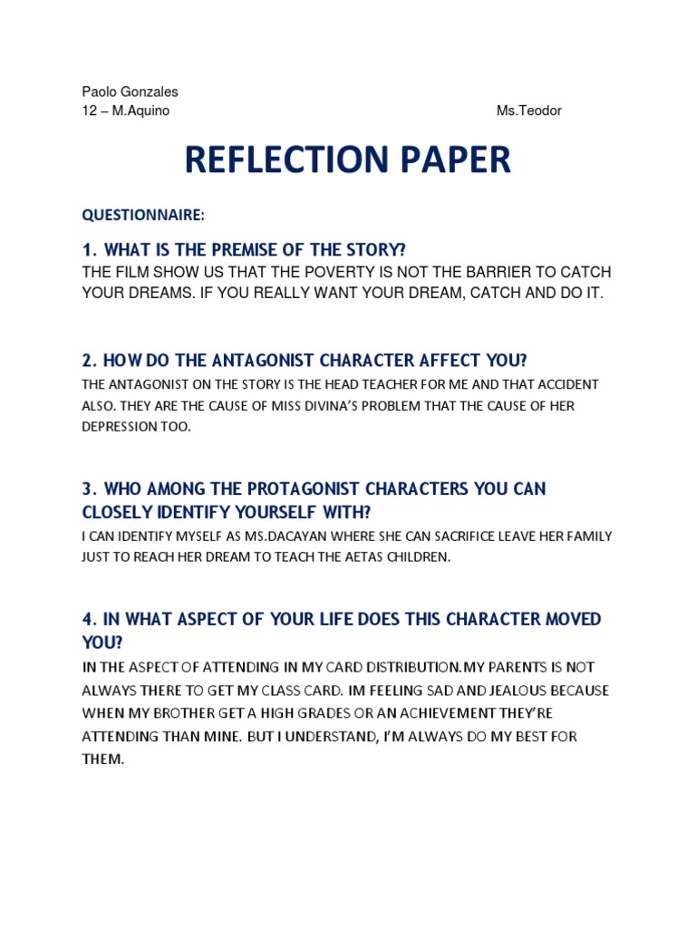 Reflection Paper: Questionnaire: 1. What Is The Premise of The Story? | PDF