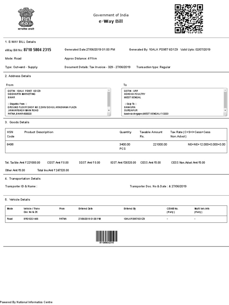EWay Bill System PDF Invoice Business Documents