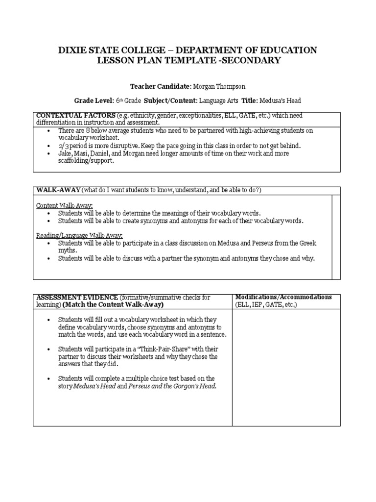 Lesson Plan 1 PDF Medusa Vocabulary