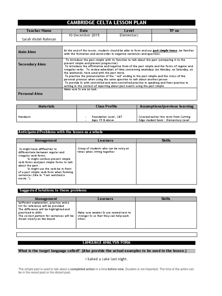 Past Simple Tense Lesson Plan | PDF | Verb | Grammatical Tense